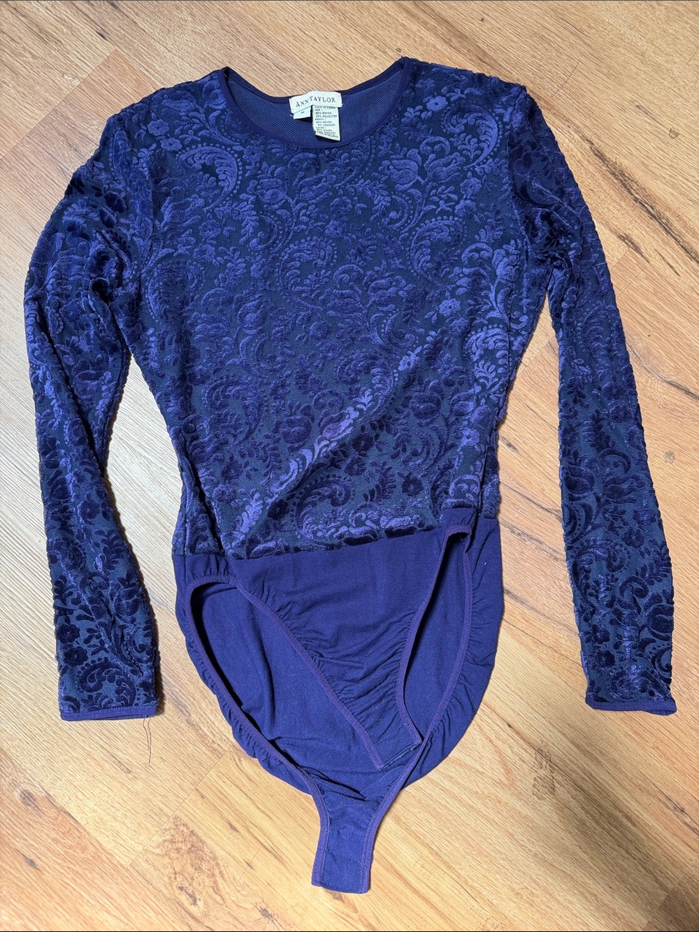 Ann Taylor Velvet Burnout Long Sleeve Bodysuit - Navy